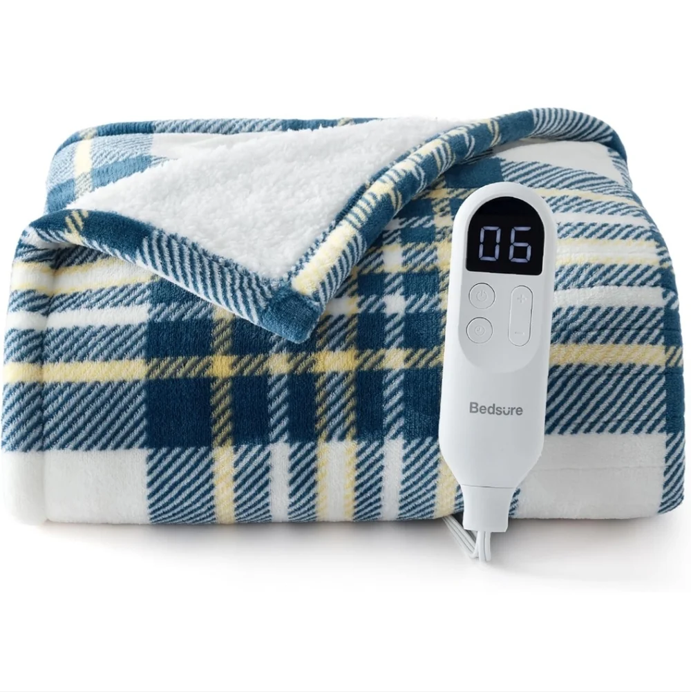 Bedsure Plaid Heated Blanket Throw - Flannel Sherpa Electric Blanket with Plaid